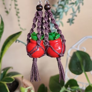 May include: A pair of earrings featuring miniature red hanging planters with green succulent plants. The planters are made of macrame and have brown tassels.