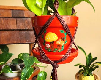 Hand-Painted Mushroom Beaded Macrame Plant Hanger | Cottagecore Woodland Decor