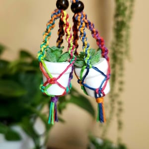 Könnte beinhalten: Ein Paar Ohrringe mit Miniatur-Blumentöpfen aus weißer Keramik, die kleine grüne Sukkulenten enthalten. Jeder Topf hängt in einer bunten Makramee-Halterung aus geflochtener, regenbogenfarbener Kordel, verziert mit einer dunkelbraunen Perle.