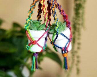 Rainbow Macrame Plant Hanger Earrings | Boho Succulent Jewelry | Nature Gift