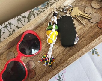 Mini Macrame Plant Hanger Custom Keychain | Rainbow Beads | Plant Lover Gift