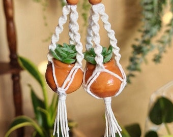 Handmade Macrame Plant Hanger Earrings | Mini Terracotta Pot | Faux Succulent