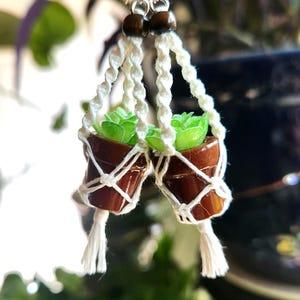 May include: Macrame earrings featuring miniature brown pots with green succulent plants. The pots are suspended in white macrame hangers, with a small tassel at the bottom of each. The earrings have silver-colored ear wires and wooden beads at the top.