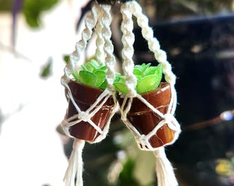 Mini Macrame Plant Hanger Earring | Tiny Succulent Earrings | Cottagecore Jewelry