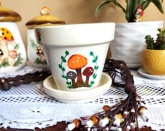 Hand-Painted Mushroom Planter | Indoor Pot with Beaded Macrame Hanger | Plant Lover Gift