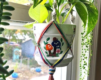 Mushroom Rainbow Beaded Macrame Plant Hanger w/ Hand-Painted 3.5 inch Pot, Mushroom Painted Pot