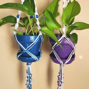 Beaded Macrame Plant Hanger, Plant Hanger w/ Glitter Sparkle Pot, Pretty Cute Pots and Planters