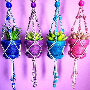 Sparkle Macrame Plant Hanger: Small Hand-Painted Glitter Pot Car Charm