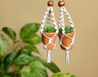 Mini Macrame Plant Hanger Earrings | Tiny Terracotta Pot Succulent | Handmade Boho Jewelry