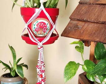 Mushroom Beaded Macrame Plant Hanger, Hand-Painted Mushroom Planter, Unique Mushroom Decor