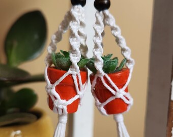 Macrame Plant Hanger Earrings | Plant Lover Gift | Mini Faux Succulent