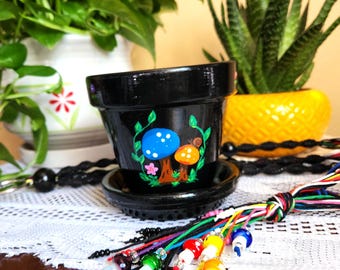 Black Mushroom Planter with Plant Hanger | Rainbow Macrame | Whimsical Plant Gift