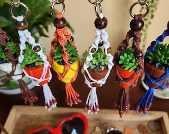 Mini Macrame Plant Hanger Keychain | Beaded Tassel | Hemp Cord | Artificial Plant