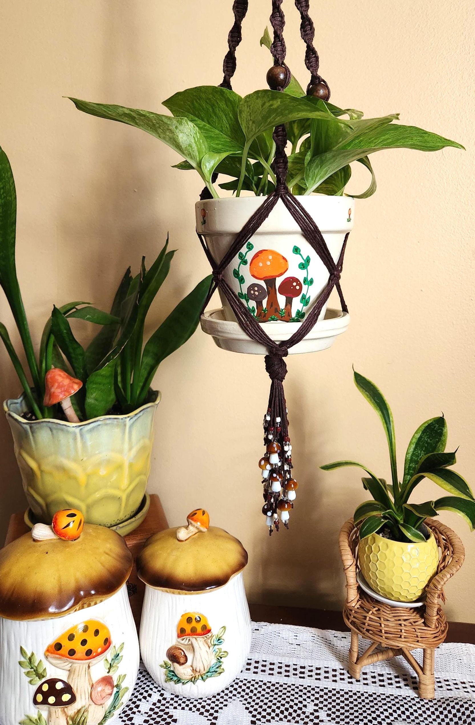 Merry Mushroom Beaded Macrame Plant Hanger w/ Hand-Painted Pot, Merry Mushrooms Whimsical Decor
