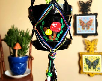 Black Rainbow Mushroom Beaded Macrame Plant Hanger | Whimsical Plant Gift