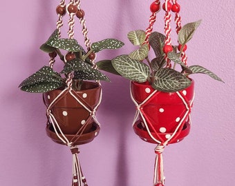 Mushroom Polka Dot Beaded Macrame Plant Hanger, Mushroom Pots, Unique Mushroom Gifts for Plant Lovers, Cottage Core