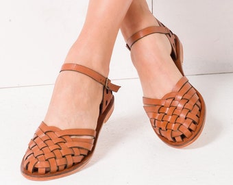 Sandalias de cuero para mujer / Sandalias hechas a mano / Zapatos de verano de cuero / Sandalias turcas tradicionales / Sandalias planas con punta cerrada / Regalos para ella
