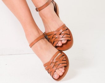 Sandalias de cuero de mujer / Sandalias hechas a mano / Zapatos de verano de cuero / Sandalias turcas tradicionales / Sandalias planas de punta abierta / Regalos para ella