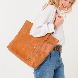 Leather Tote Bag | Handmade Tote Handbag | Zippered Tote | Leather Work Bag | Light Brown Leather Tote Bag For Women | Large Shoulder Bag