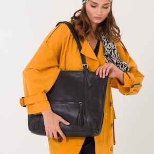 Leather Tote Bag | Handmade Tote Handbag | Zippered Tote | Leather Work Bag | Black Leather Tote Bag For Women | Large Shoulder Bag
