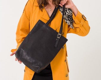 Leather Tote Bag | Handmade Tote Handbag | Zippered Tote | Leather Work Bag | Black Leather Tote Bag For Women | Large Shoulder Bag