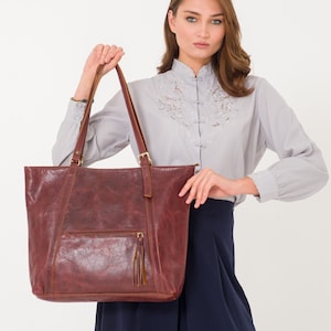 Leather Tote Bag | Handmade Tote Handbag | Zippered Tote | Leather Work Bag | Brown Leather Tote Bag For Women | Large Shoulder Bag