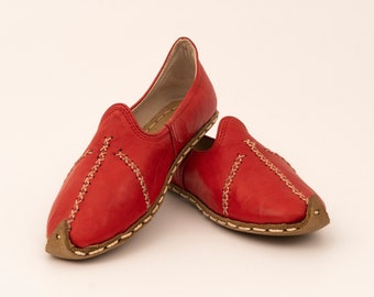 Unisex Red Leather Shoes | Yemeni | Traditional Shoes | Turkish Loafers | Hand stitched Slip Ons | Women Flat Shoes | Gifts For Her |