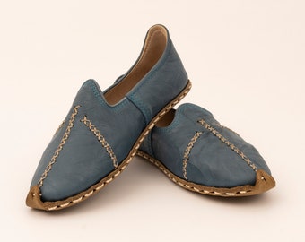 Unisex Blue Leather Shoes | Yemeni | Traditional Shoes | Turkish Loafers | Hand stitched Slip Ons | Women Flat Shoes | Gifts For Her |