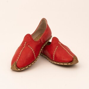 Unisex Red Leather Shoes | Yemeni | Traditional Shoes | Turkish Loafers | Hand stitched Slip Ons | Women Flat Shoes | Gifts For Her |