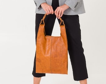 Leather Tote Bag | Handmade Tote Handbag | Zippered Tote | Leather Work Bag | Light Brown Leather Tote Bag For Women | Large Shoulder Bag