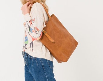 Leather Tote Bag | Handmade Tote Handbag | Zippered Tote | Leather Work Bag | Light Brown Leather Tote Bag For Women | Large Shoulder Bag