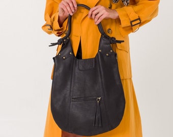 Bolso de cuero / Bolso de mano hecho a mano / Bolso de mano con cremallera / Bolso de trabajo de cuero / Bolso de cuero negro para mujeres / Bolso de hombro grande