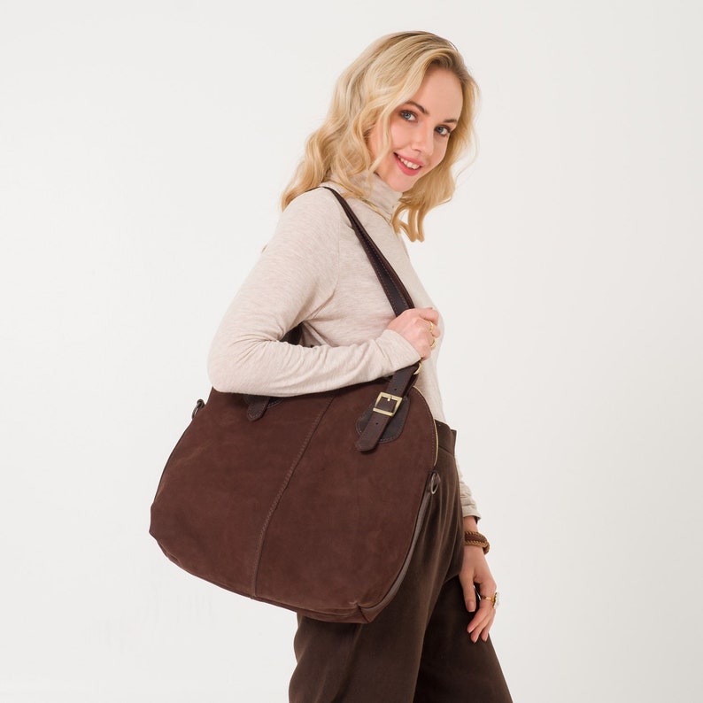 Leather Tote Bag Handmade Tote Handbag Zippered Tote Leather Work Bag Brown Leather Tote Bag For Women Large Shoulder Bag image 1