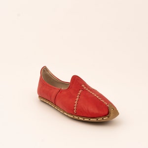 Unisex Red Leather Shoes Yemeni Traditional Shoes Turkish Loafers Hand stitched Slip Ons Women Flat Shoes Gifts For Her image 5