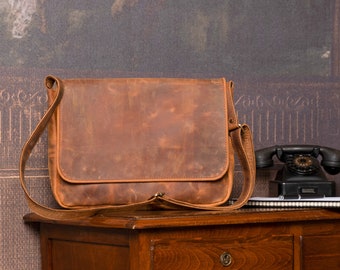 Handcrafted Unisex Leather Briefcase | Leather Satchel | Leather Messenger Bag |  Tan Laptop Bag | Leather Crossbody Bag | Gifts for Him/Her