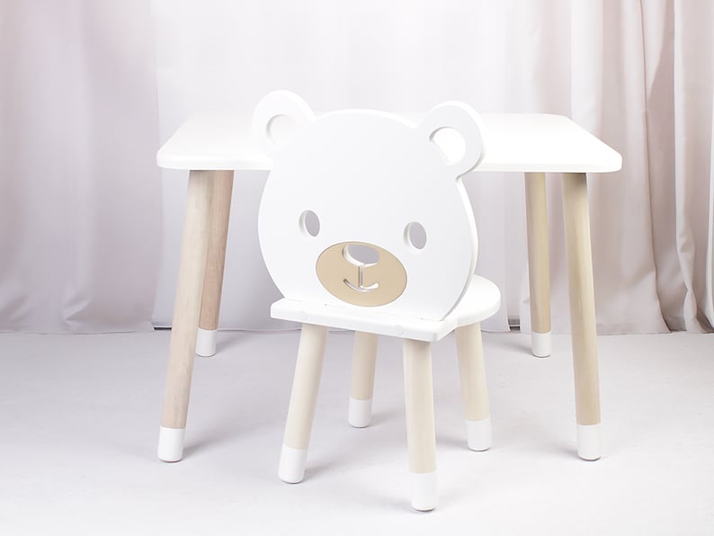 DEKORMANDA Kindertisch mit Stühlen Teddybärstuhl für Liebhaber von Kleintieren Weißer Kindertisch mit einem oder zwei Stühlen Bild 3