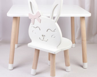 DEKORMANDA - Kindertisch mit Stühle - Hasenförmiger Stuhl für kleine Tierfreunde - Weißer Kindertisch mit 1 Stuhl