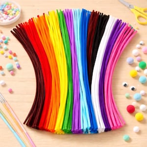 May include: A selection of brightly coloured pipe cleaners in a rainbow spectrum: red, orange, yellow, green, blue, purple, pink, white, and black. These craft supplies are perfect for various DIY projects and creative activities.