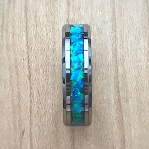 Blue Green Opal and Tungsten Ring, Men&#39;s Handcrafted Wedding Band