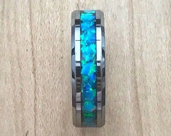 Blue Green Opal and Tungsten Ring, Men's Handcrafted Wedding Band