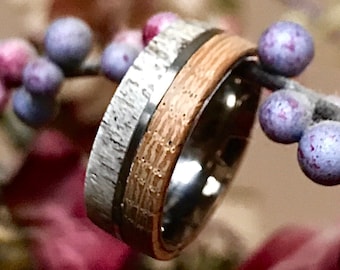 Deer Antler and Whiskey Barrel Oak Ring, Titanium Liner, Men's Handmade Wedding Band