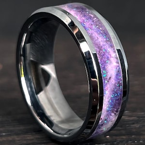 Purple Opal and Amethyst Glow Ring, Handcrafted Unisex Tungsten Wedding Band, Unique Purple Glow Ring