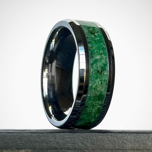 Emerald en Tungsten Ring, Heren Trouwring, Echte Emerald Ring, Unieke Trouwring