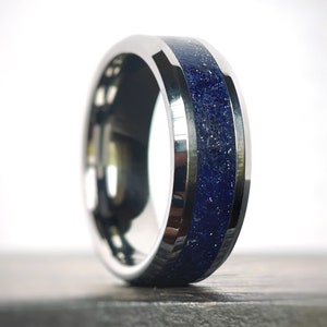 Blue Goldstone and Tungsten Ring, Unisex Wedding Band, Genuine Blue Goldstone Ring, Unique Wedding Band