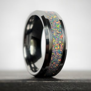 White Opal and Tungsten Ring, Unisex Handcrafted Wedding Band