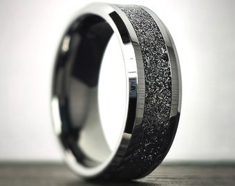 Meteorite Ring, Tungsten and Meteorite Band, Authentic Swedish Muonionalusta Meteorite, Unique Mens Wedding Band