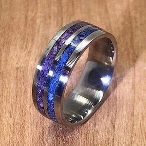 Anillo de titanio de doble canal con amatista y lapislázuli, amatista genuina, lapislázuli genuino, alianza de boda única para hombre.