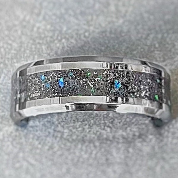Blue Opal and Meteorite Glow Ring, Tungsten Band, Genuine Muonionalusta Meteorite, Men's Handmade Wedding Band