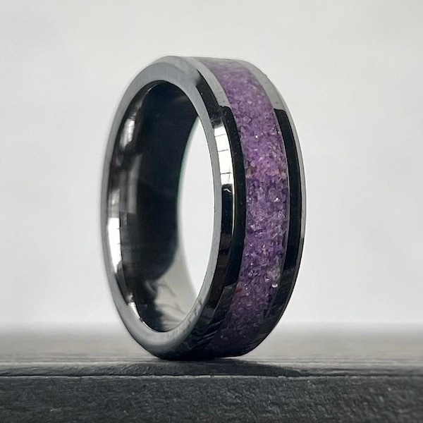 Amethyst and Tungsten Ring, Genuine Amethyst Band, Unique Amethyst Wedding Band, Unisex Wedding Ring