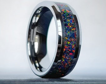 Black Opal and Tungsten Ring, Men's Handcrafted Wedding Band
